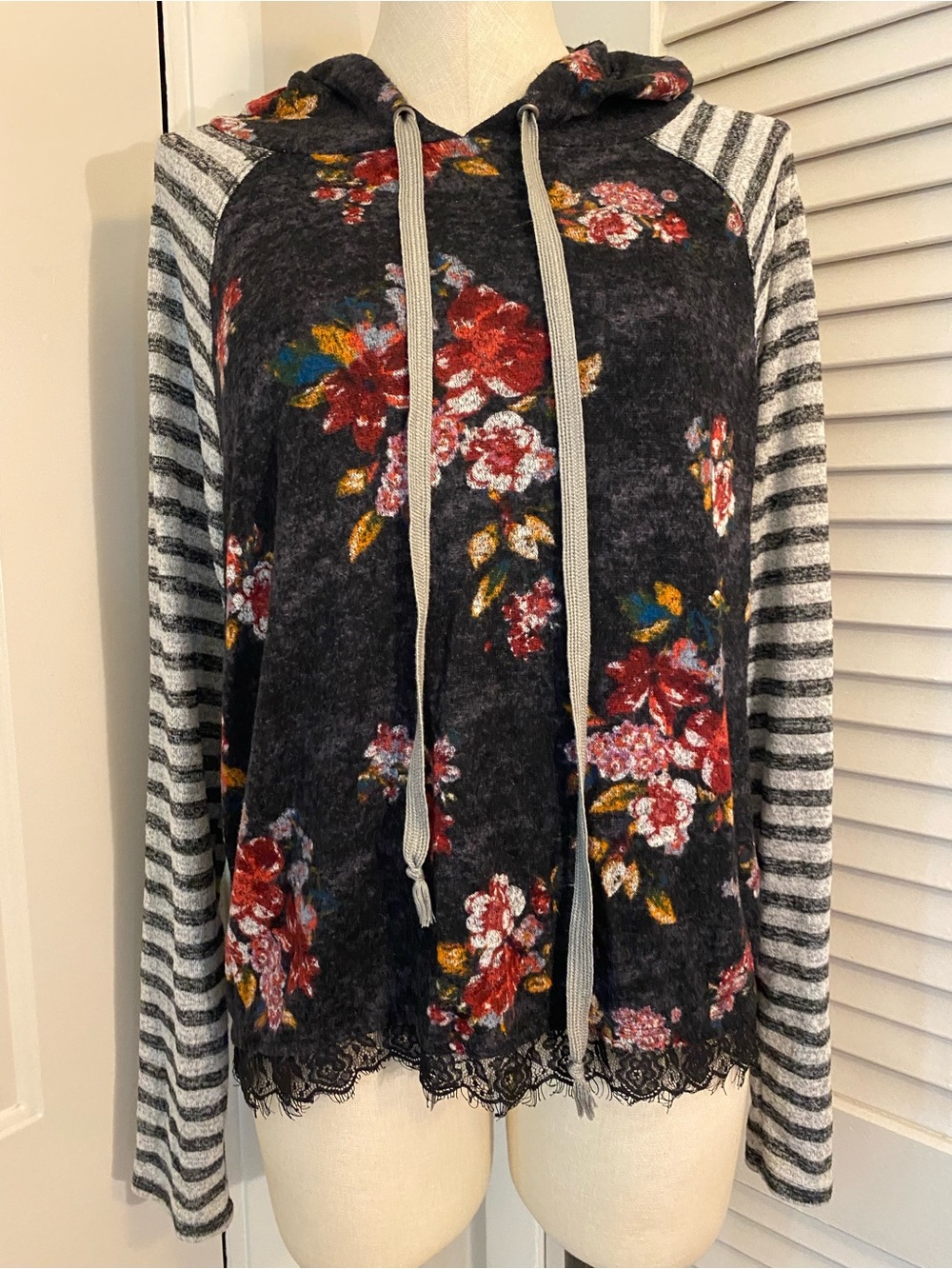 Rewind Black Floral Hoodie with Striped Sleeves- Size XXL